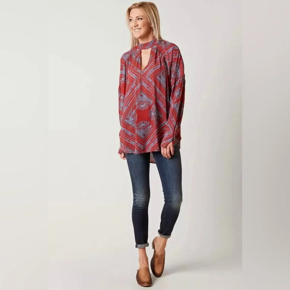 Free People Walking On A Dream Tunic Long Sleeve Shirt Red Blue Size Small - Picture 1 of 5